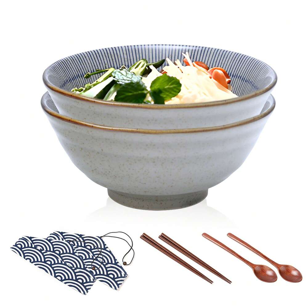 4pcs Japanese Ramen Bowls With Chopsticks 1100ml Large Noodle Soup Pasta Salad Ceramic Housewarming Gift Tableware Set 20cm Diameter