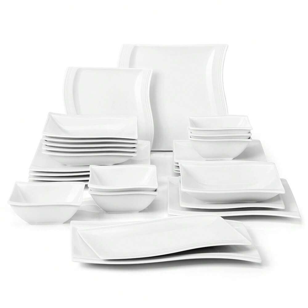 26pcs Porcelain Dinnerware Set For 6 White Corrugated Plates Dinner Dessert Soup Bowls Platters Elegant Complete Dining Tableware Kit