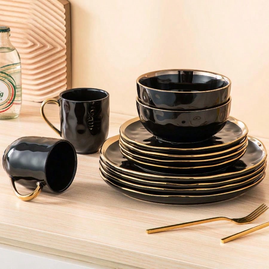 16pcs Stoneware Dinnerware Set Black With Gold Edge Plates Dessert Bowls Mugs For 4 Round Elegant Kitchen Dining Complete Tableware