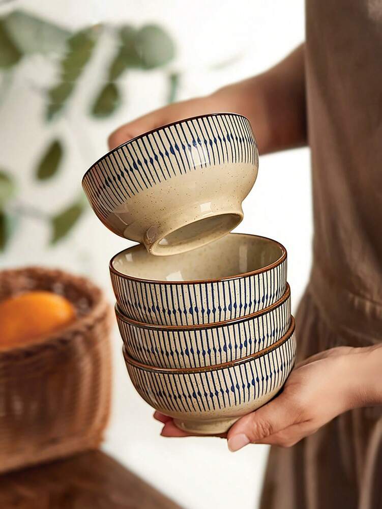 1pc Japanese Sesame Glaze Rice Bowls Vintage Underglaze Ceramic Tableware Single Serve Or Family Dining Daily Retro Style