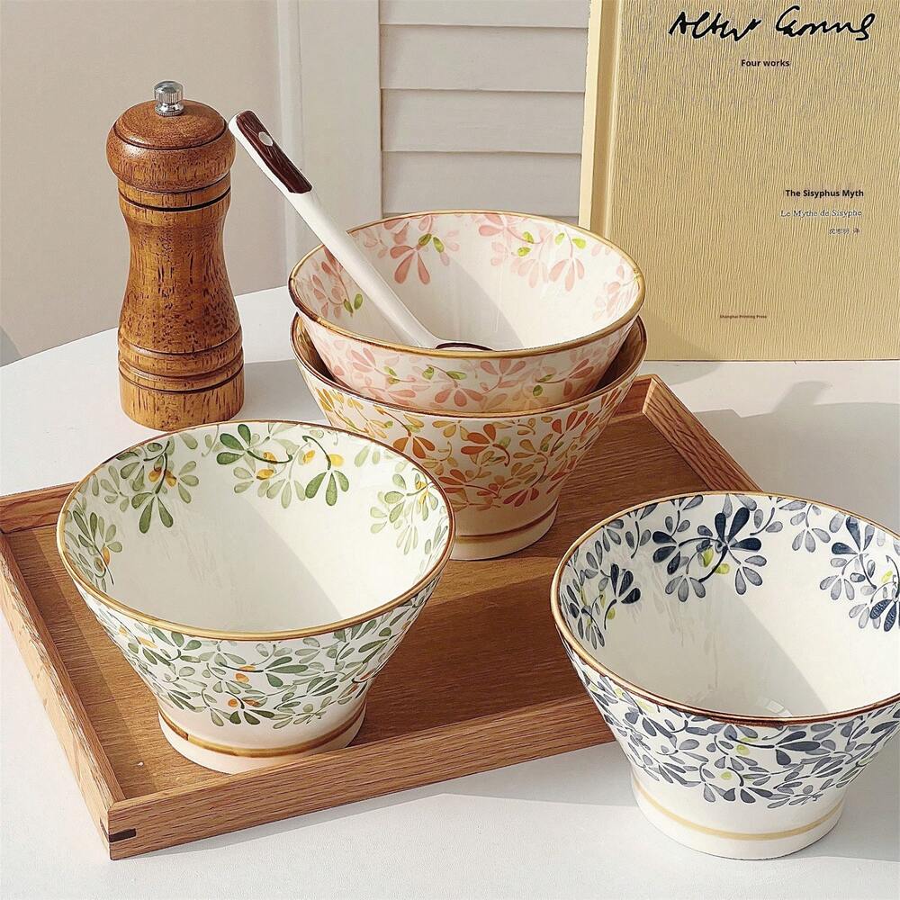 4pcs Ceramic Rice Bowl Set With Spoons Floral Pattern Tableware Oven Microwave Dishwasher Safe Hot Pot BBQ Camping Gift Dining Kitchen