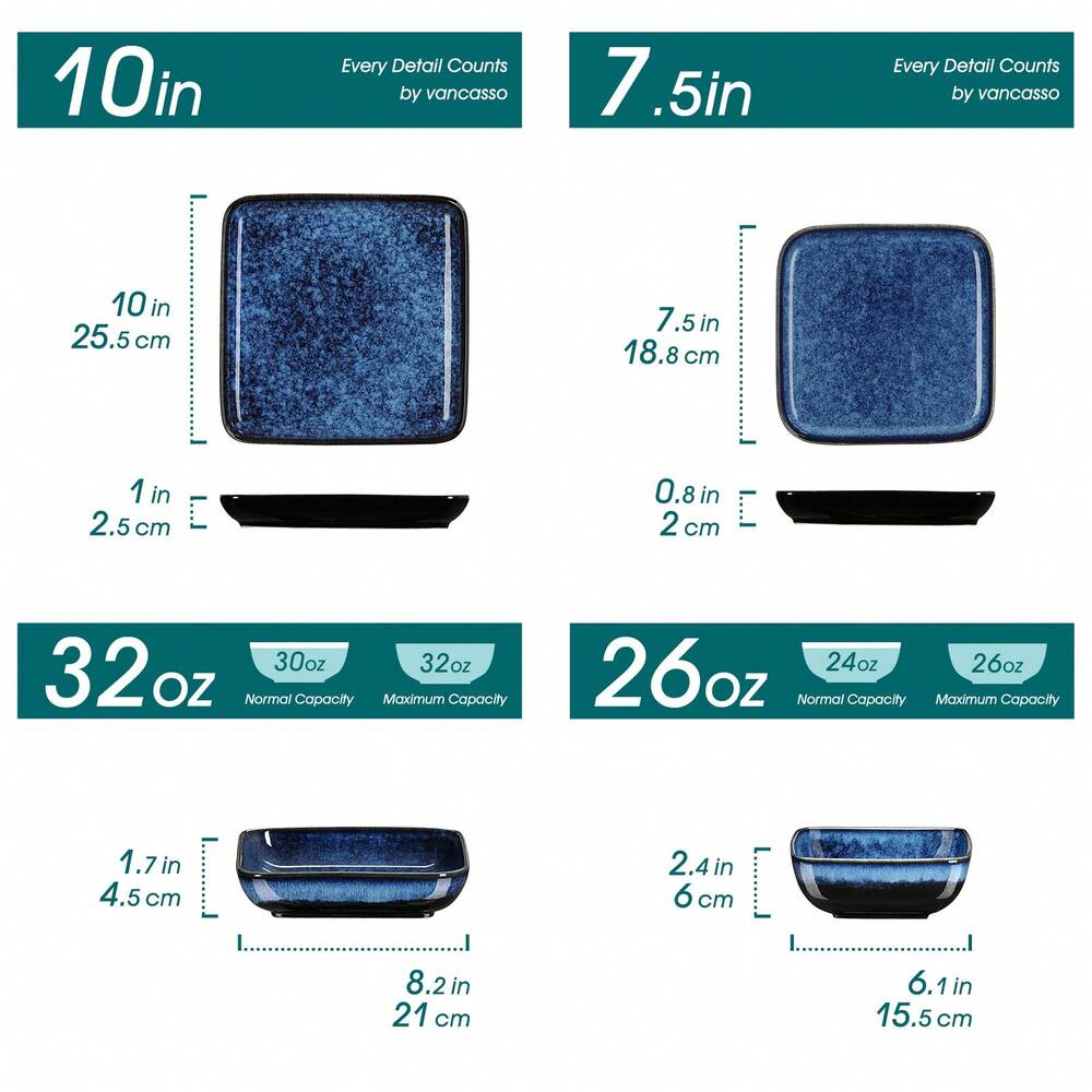 16pcs Porcelain Dinnerware Set For 4 Square Plates Bowls Soup Dessert Dishes Blue Color Elegant Kitchen Dining Complete Tableware Kit