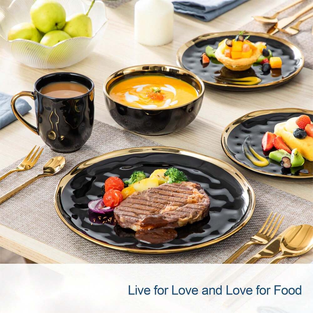 16pcs Stoneware Dinnerware Set Black With Gold Edge Plates Dessert Bowls Mugs For 4 Round Elegant Kitchen Dining Complete Tableware