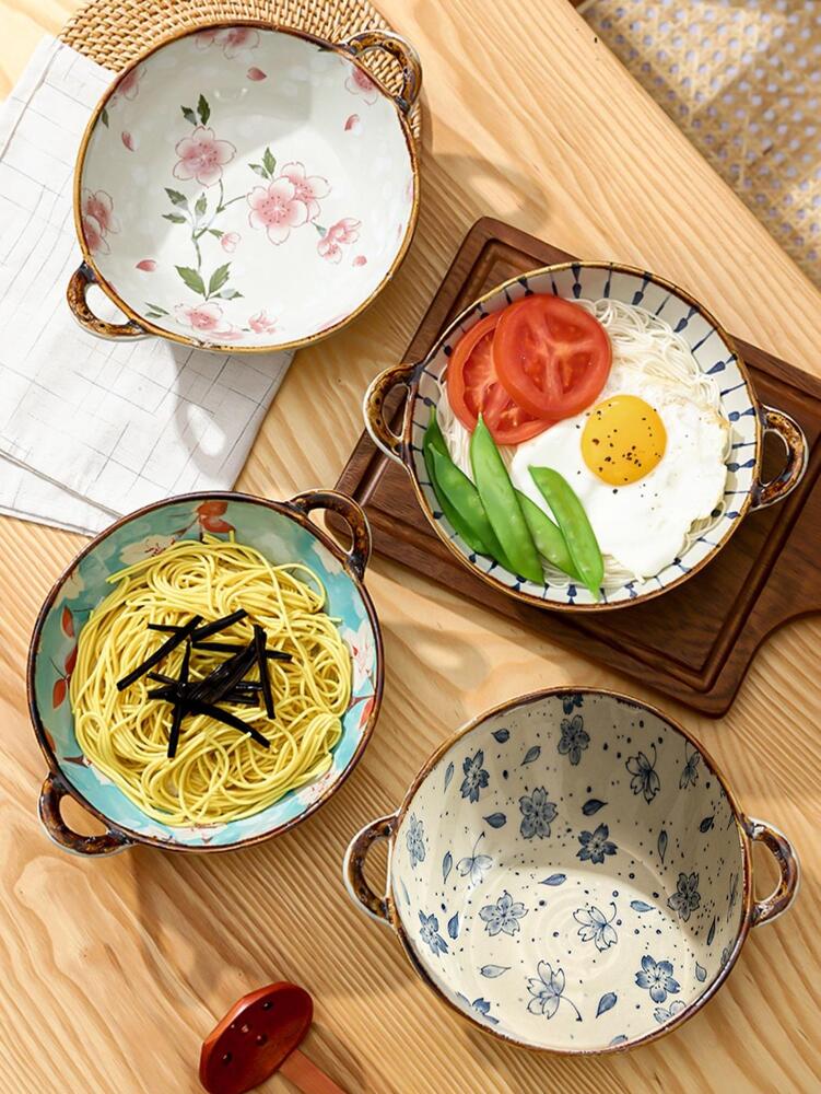 1pc Blue Floral Print Ceramic Bowl Double Ear Noodle Soup Bowl Household Kitchen Dining Tableware Gift Elegant Durable Porcelain Dish