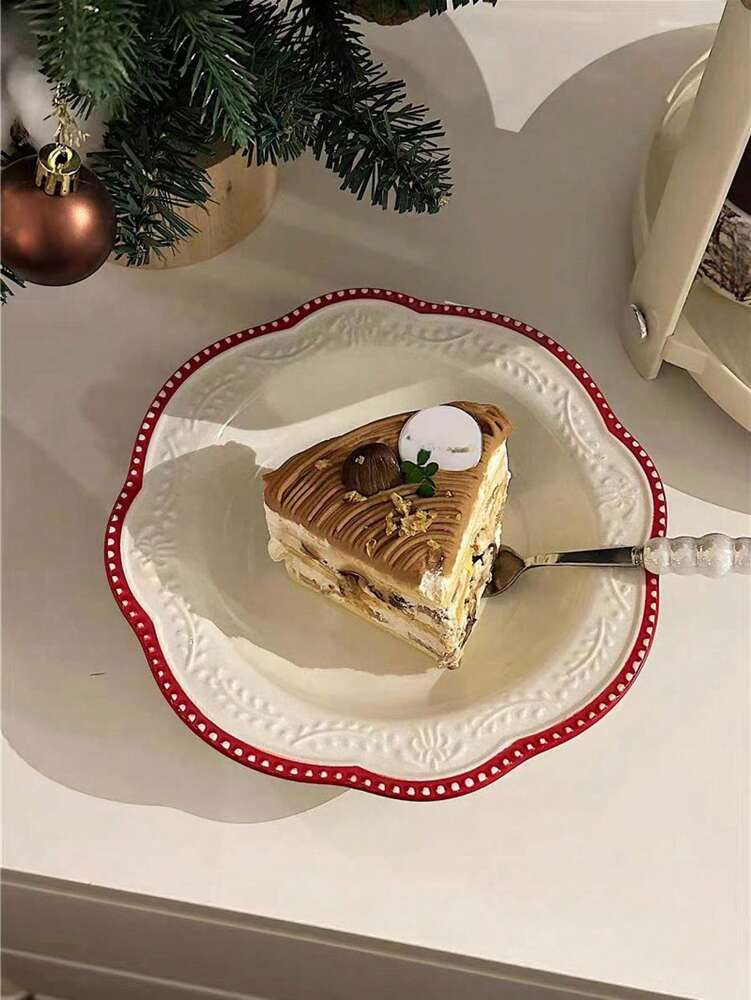 1pc Asymmetrical Ceramic Plate Embossed Floral Edge Nordic Style Retro Wheat Spike Breakfast Dessert Cake Dish Kitchen Dining Tableware