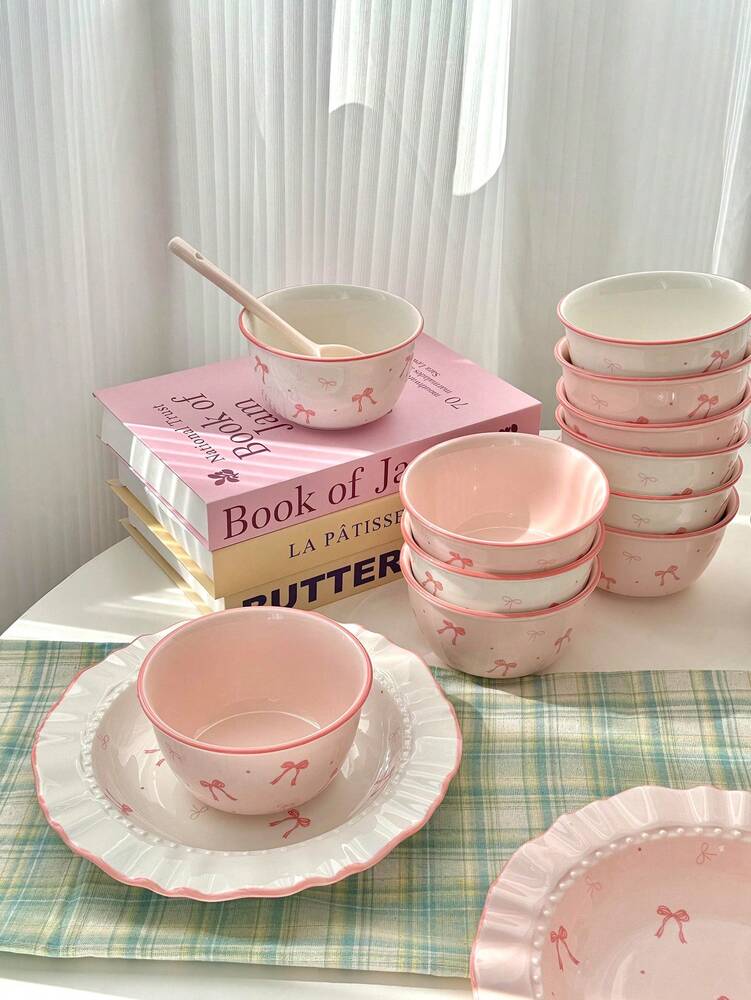 6pcs Ceramic Bowl And Plate Set Cute Breakfast Cereal Oatmeal Lunch Pasta Dish Microwave Safe Dinnerware Holiday Gift Kitchen Tableware