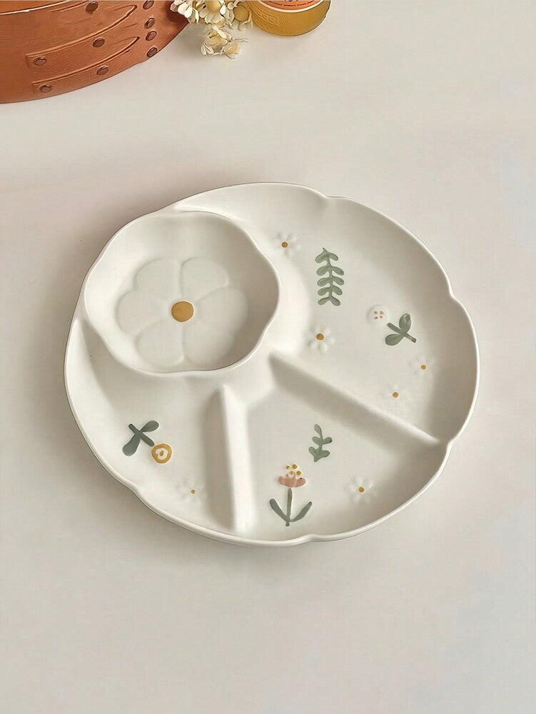 1pc Ceramic Divided Plate Embossed Floral Snack Dish Stylish Daisy Appetizer Tray Household Kitchen Dining Tableware Gift For Family