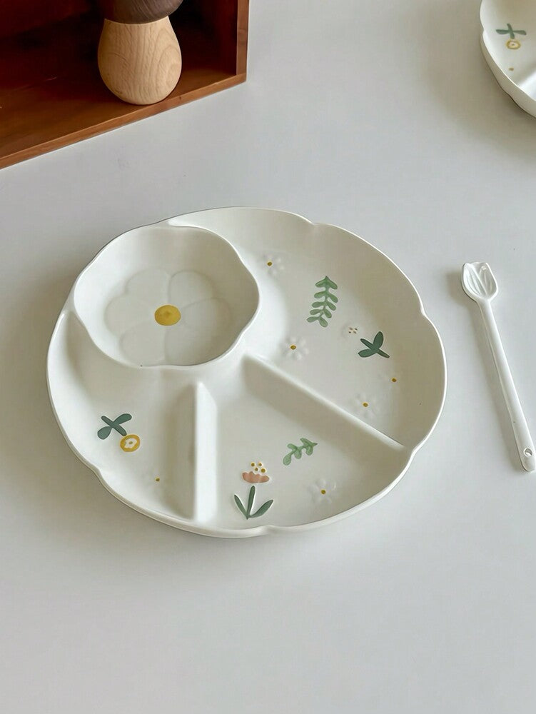 1pc Ceramic Divided Plate Embossed Floral Snack Dish Stylish Daisy Appetizer Tray Household Kitchen Dining Tableware Gift For Family