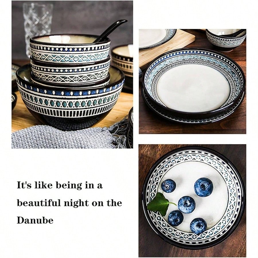 4pcs Ceramic Stackable Plates And Bowls Set Includes Dinner Plate Cup Bowl Scoop Durable Reusable Dinnerware Kitchen Dining Tableware