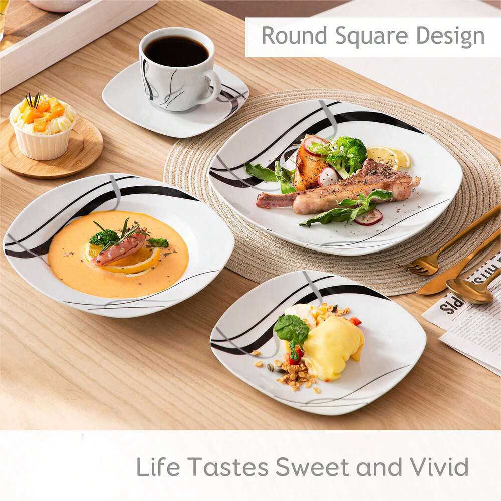 30pcs Porcelain Dinnerware Set White Squircle Plates Bowls Cups Saucers Complete Service For 6 Ceramic Decal Elegant Dining Tableware