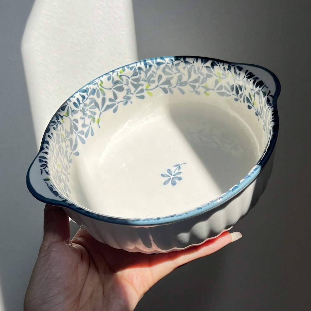 1/4pcs Dual Ear Floral Ceramic Bowls Large Capacity Soup Salad Pasta Noodle Fruit Bowls Oven Microwave Safe Picnic Hot Pot Tableware
