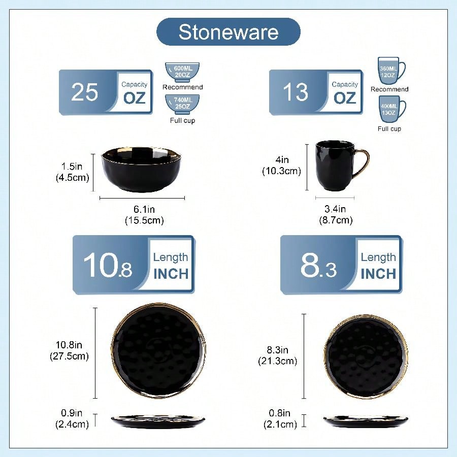 16pcs Stoneware Dinnerware Set Black With Gold Edge Plates Dessert Bowls Mugs For 4 Round Elegant Kitchen Dining Complete Tableware