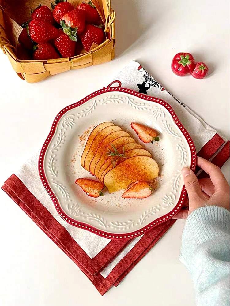 1pc Asymmetrical Ceramic Plate Embossed Floral Edge Nordic Style Retro Wheat Spike Breakfast Dessert Cake Dish Kitchen Dining Tableware