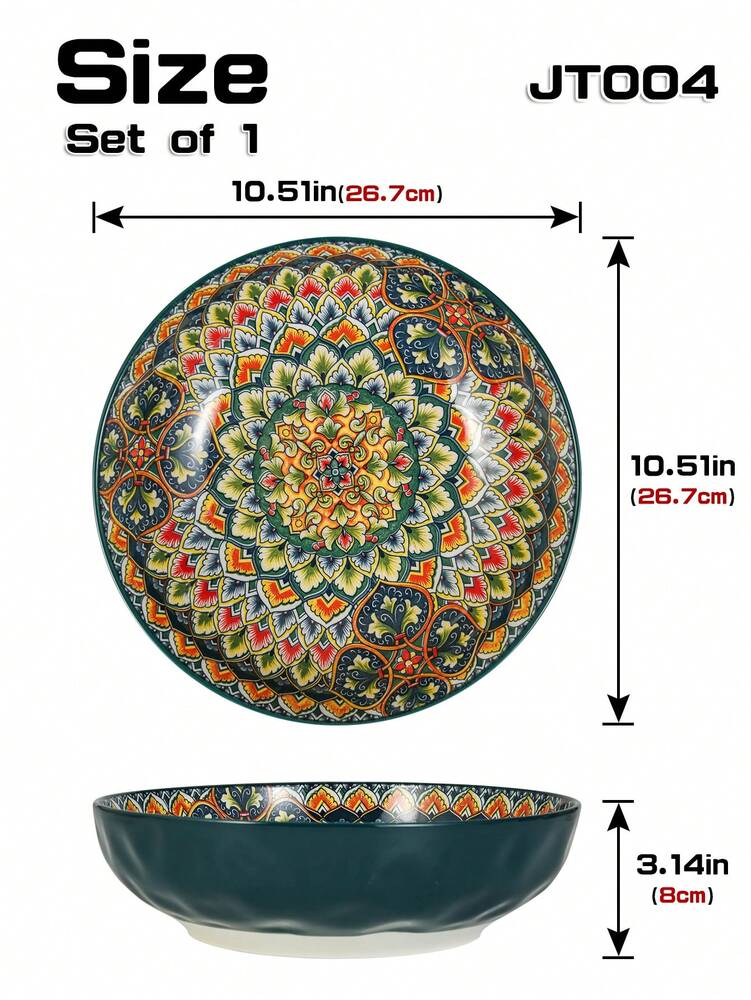 1pc 10 Inch Large Ceramic Bowl Colorful Under Glaze Design Four Options Red Blue Green Orange Restaurant Kitchen Dining Tableware