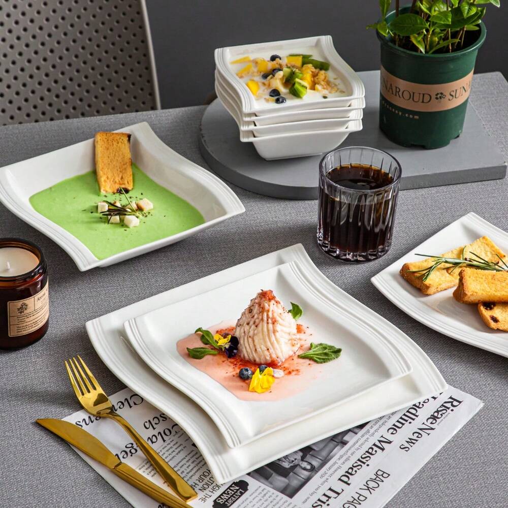 26pcs Porcelain Dinnerware Set For 6 White Corrugated Plates Dinner Dessert Soup Bowls Platters Elegant Complete Dining Tableware Kit