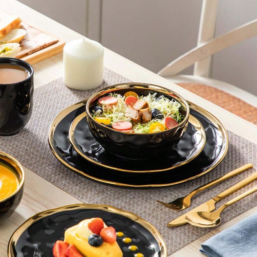 16pcs Stoneware Dinnerware Set Black With Gold Edge Plates Dessert Bowls Mugs For 4 Round Elegant Kitchen Dining Complete Tableware