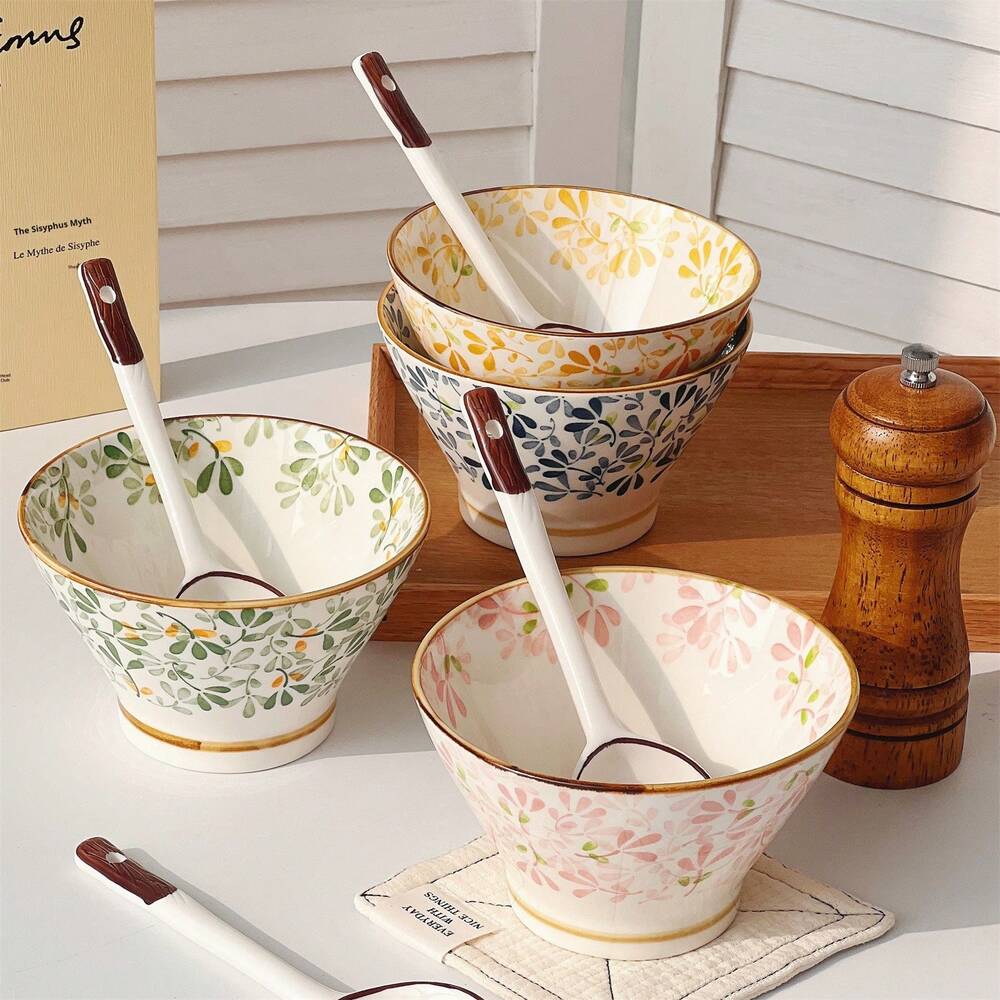 4pcs Ceramic Rice Bowl Set With Spoons Floral Pattern Tableware Oven Microwave Dishwasher Safe Hot Pot BBQ Camping Gift Dining Kitchen