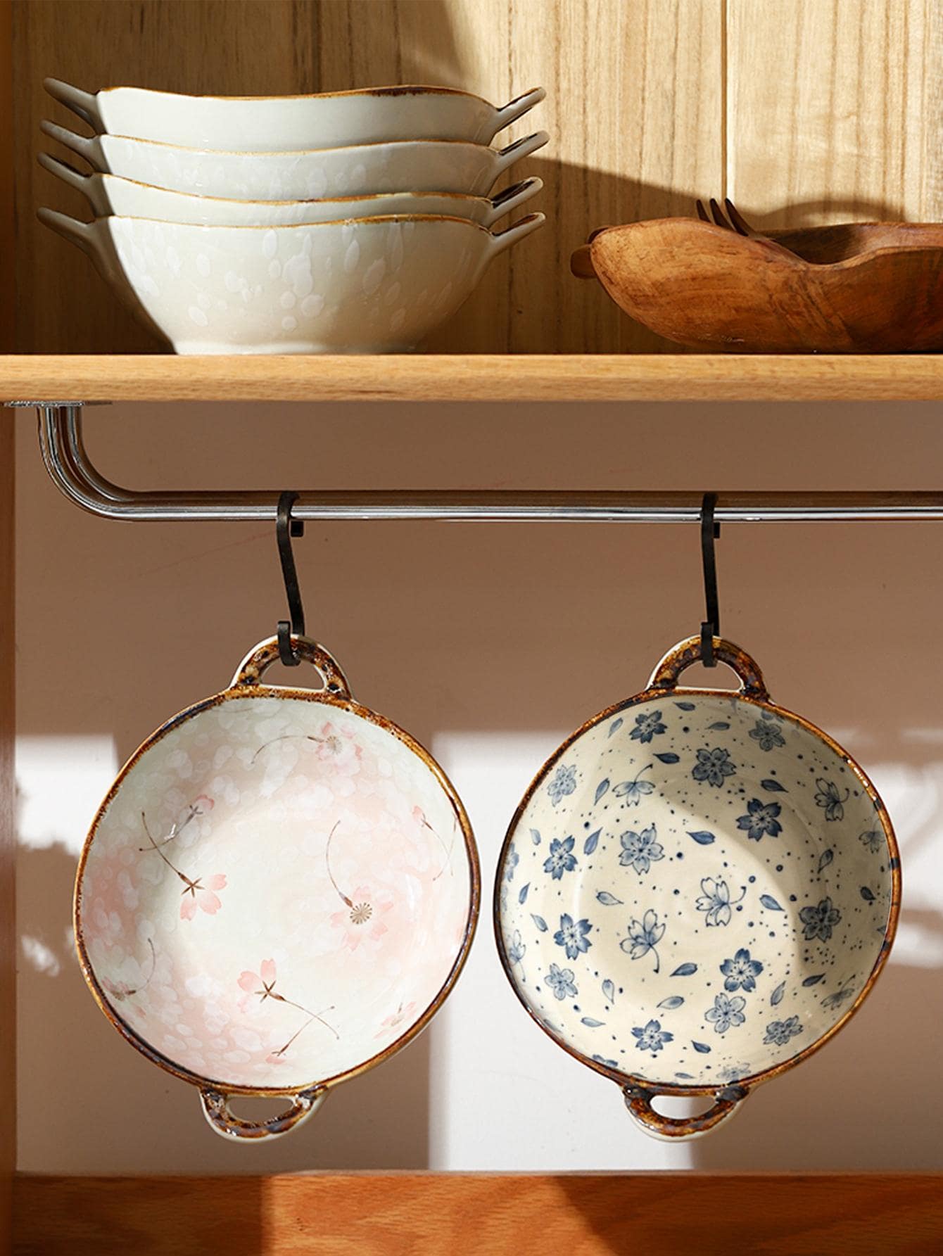 1pc Blue Floral Print Ceramic Bowl Double Ear Noodle Soup Bowl Household Kitchen Dining Tableware Gift Elegant Durable Porcelain Dish