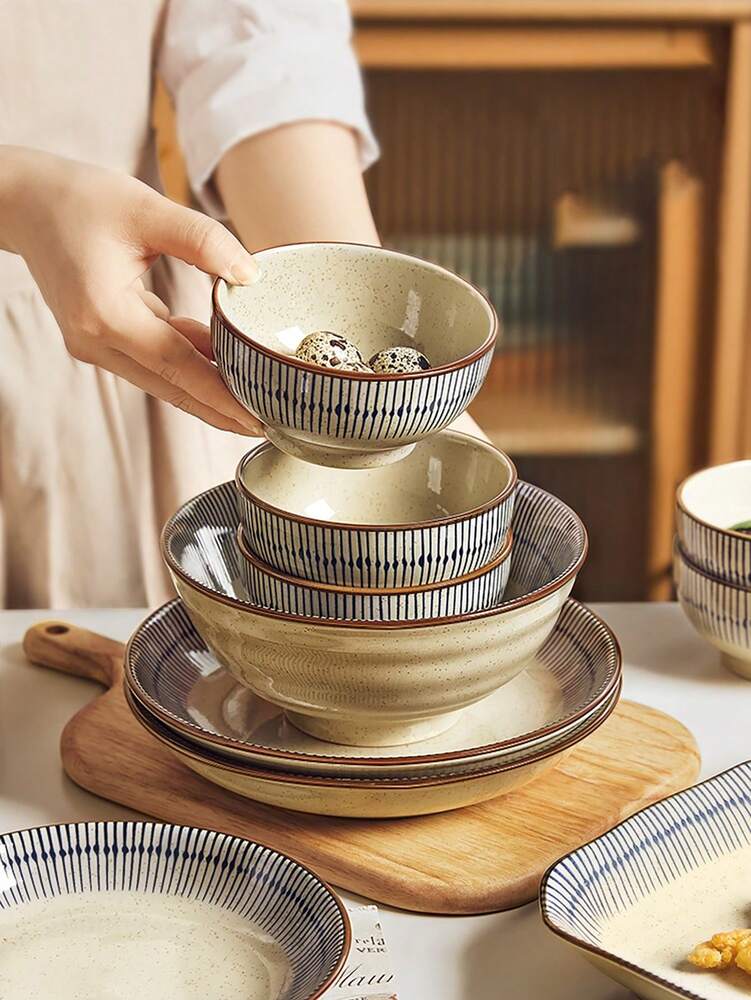 1pc Japanese Sesame Glaze Rice Bowls Vintage Underglaze Ceramic Tableware Single Serve Or Family Dining Daily Retro Style
