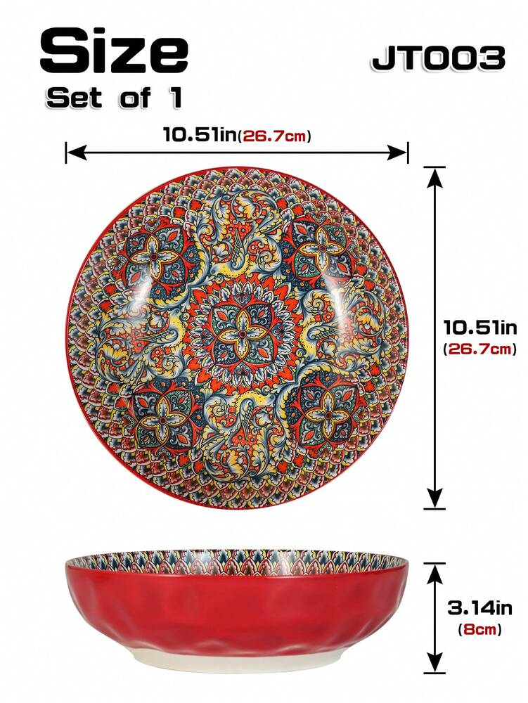 1pc 10 Inch Large Ceramic Bowl Colorful Under Glaze Design Four Options Red Blue Green Orange Restaurant Kitchen Dining Tableware