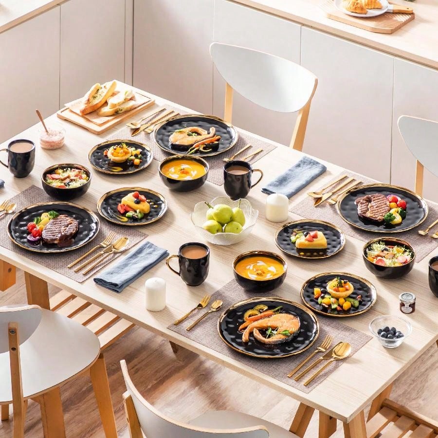 16pcs Stoneware Dinnerware Set Black With Gold Edge Plates Dessert Bowls Mugs For 4 Round Elegant Kitchen Dining Complete Tableware
