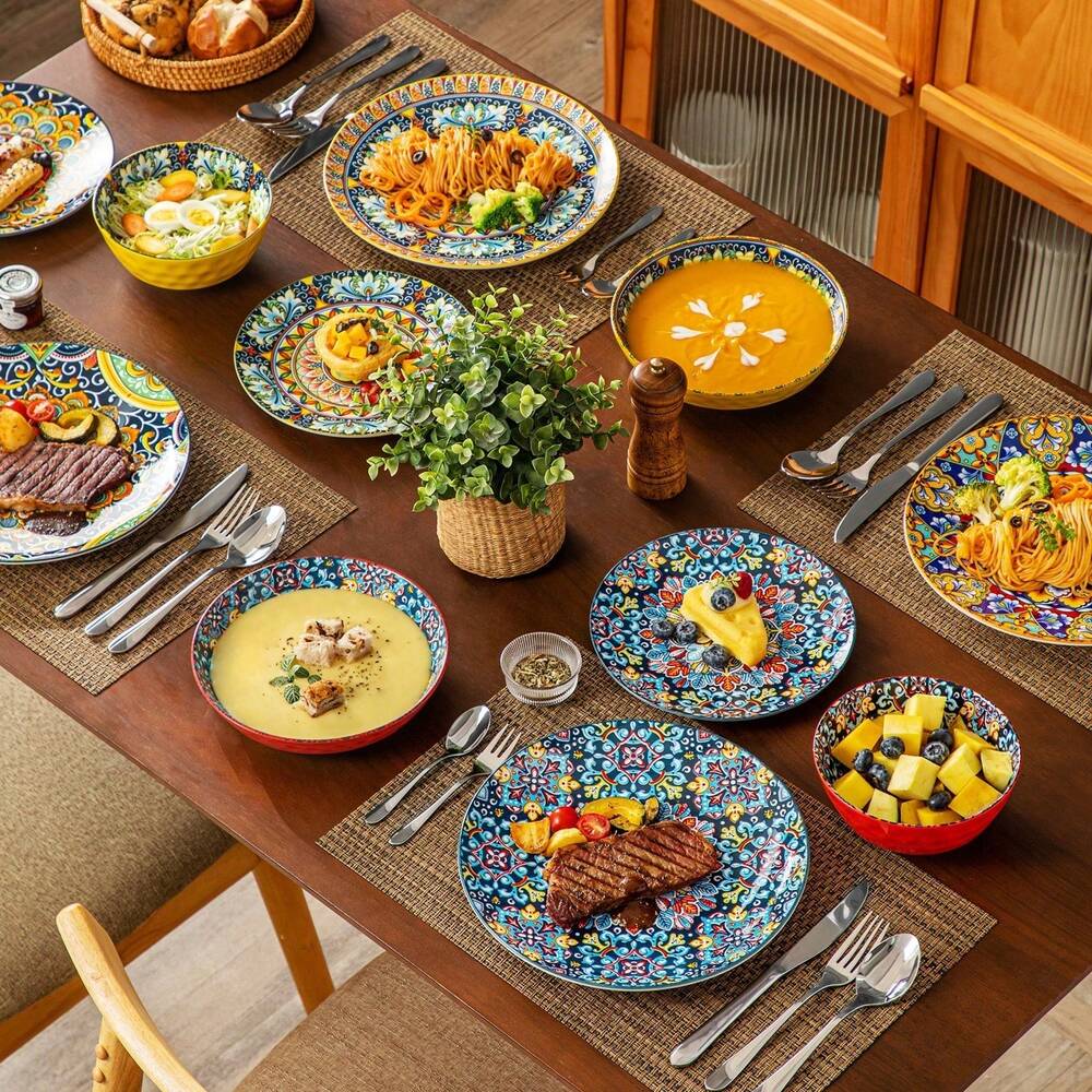 24pcs Multicolor Porcelain Dinnerware Set Bohemian Style Plates Bowls Mugs For 6 Ceramic Stamping Design Kitchen Dining Tableware
