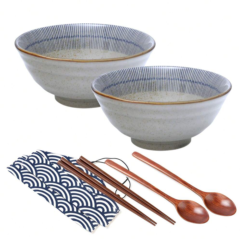 4pcs Japanese Ramen Bowls With Chopsticks 1100ml Large Noodle Soup Pasta Salad Ceramic Housewarming Gift Tableware Set 20cm Diameter