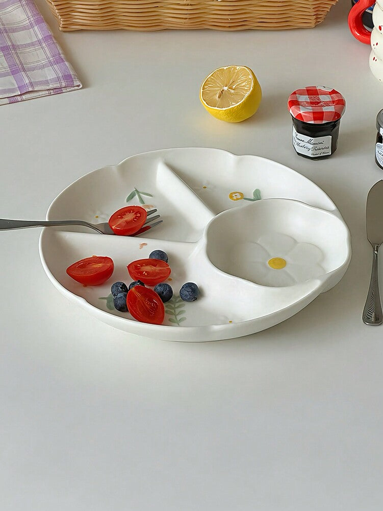 1pc Ceramic Divided Plate Embossed Floral Snack Dish Stylish Daisy Appetizer Tray Household Kitchen Dining Tableware Gift For Family