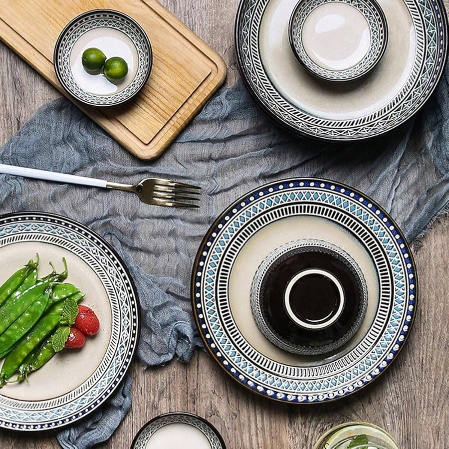 4pcs Ceramic Stackable Plates And Bowls Set Includes Dinner Plate Cup Bowl Scoop Durable Reusable Dinnerware Kitchen Dining Tableware
