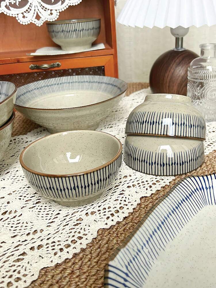 1pc Japanese Sesame Glaze Rice Bowls Vintage Underglaze Ceramic Tableware Single Serve Or Family Dining Daily Retro Style