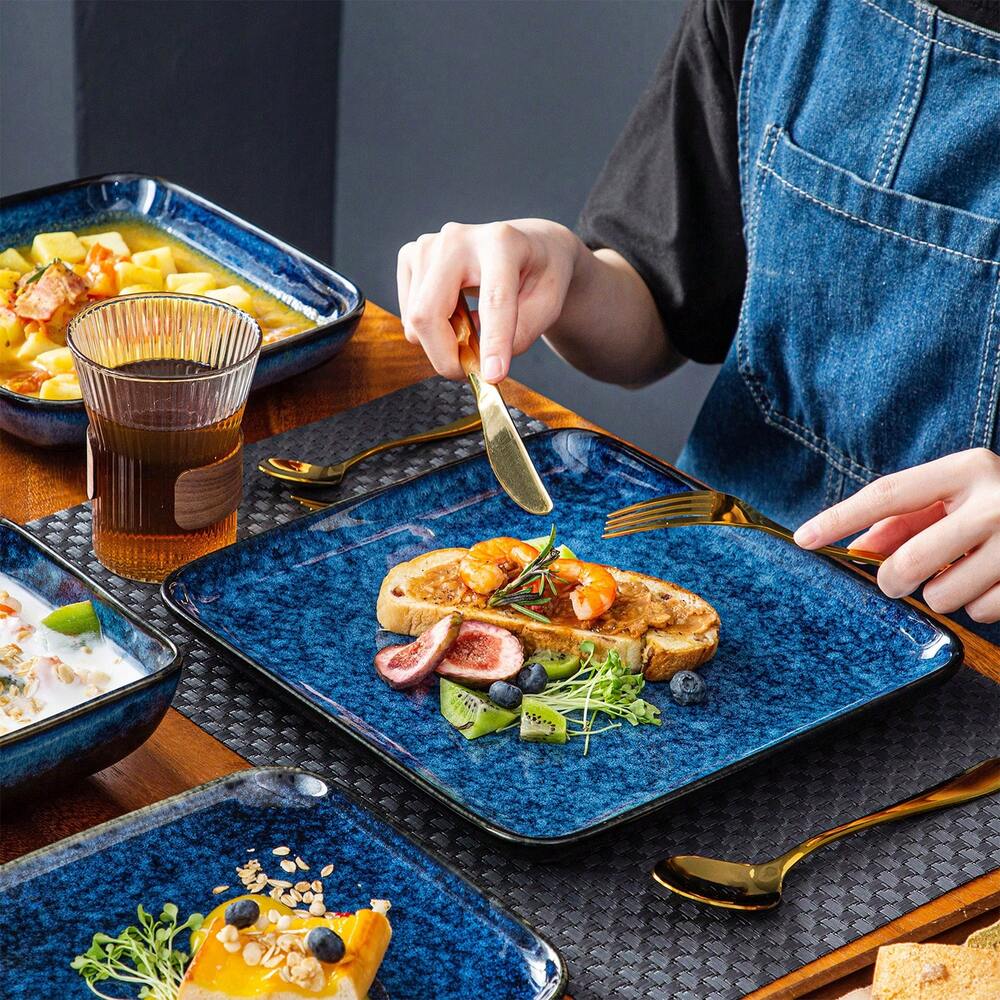 16pcs Porcelain Dinnerware Set For 4 Square Plates Bowls Soup Dessert Dishes Blue Color Elegant Kitchen Dining Complete Tableware Kit