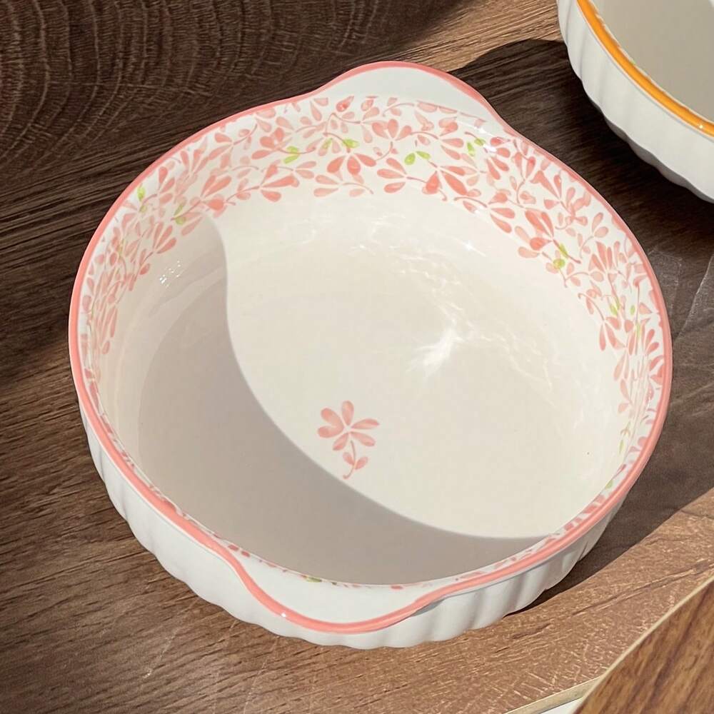 1/4pcs Dual Ear Floral Ceramic Bowls Large Capacity Soup Salad Pasta Noodle Fruit Bowls Oven Microwave Safe Picnic Hot Pot Tableware