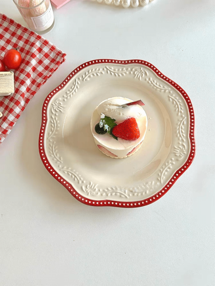 1pc Asymmetrical Ceramic Plate Embossed Floral Edge Nordic Style Retro Wheat Spike Breakfast Dessert Cake Dish Kitchen Dining Tableware