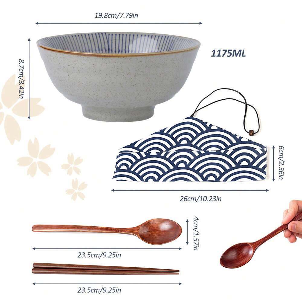4pcs Japanese Ramen Bowls With Chopsticks 1100ml Large Noodle Soup Pasta Salad Ceramic Housewarming Gift Tableware Set 20cm Diameter