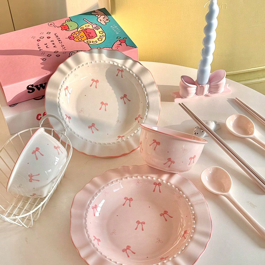 6pcs Ceramic Bowl And Plate Set Cute Breakfast Cereal Oatmeal Lunch Pasta Dish Microwave Safe Dinnerware Holiday Gift Kitchen Tableware