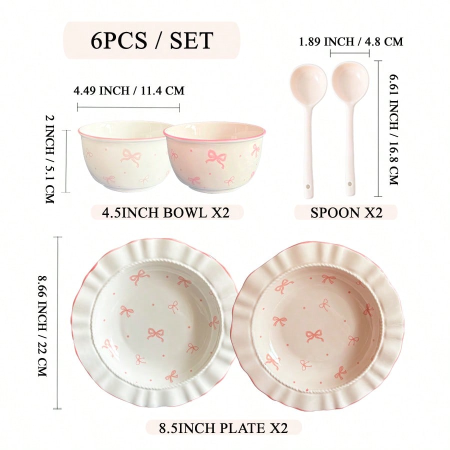 6pcs Ceramic Bowl And Plate Set Cute Breakfast Cereal Oatmeal Lunch Pasta Dish Microwave Safe Dinnerware Holiday Gift Kitchen Tableware