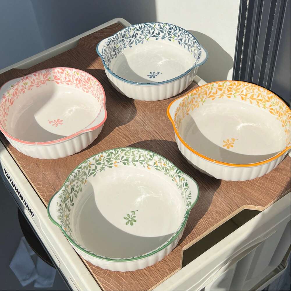 1/4pcs Dual Ear Floral Ceramic Bowls Large Capacity Soup Salad Pasta Noodle Fruit Bowls Oven Microwave Safe Picnic Hot Pot Tableware