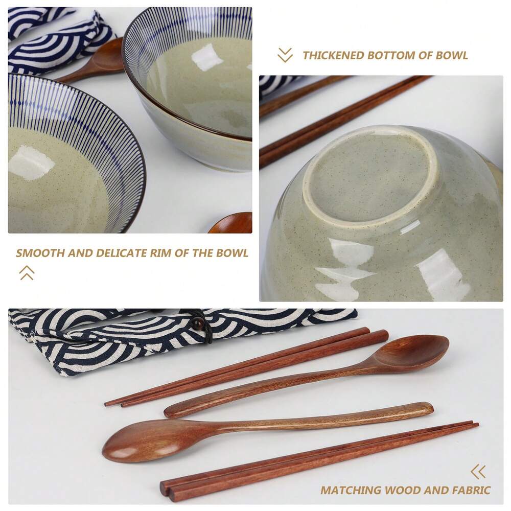 4pcs Japanese Ramen Bowls With Chopsticks 1100ml Large Noodle Soup Pasta Salad Ceramic Housewarming Gift Tableware Set 20cm Diameter