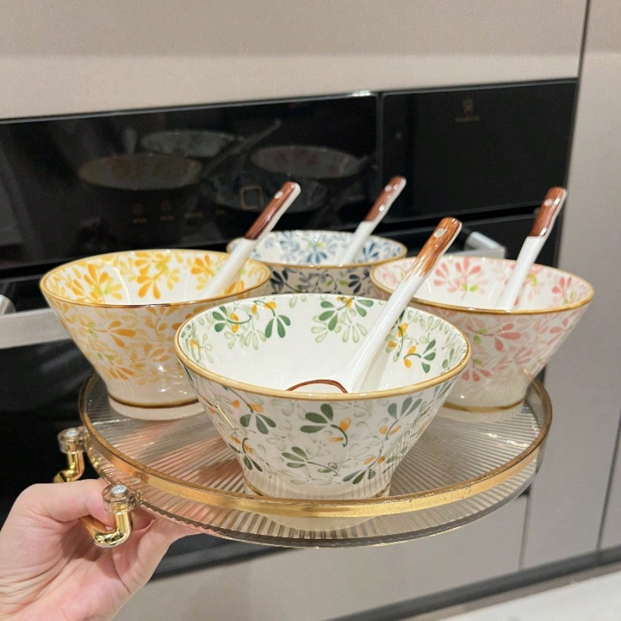 4pcs Ceramic Rice Bowl Set With Spoons Floral Pattern Tableware Oven Microwave Dishwasher Safe Hot Pot BBQ Camping Gift Dining Kitchen